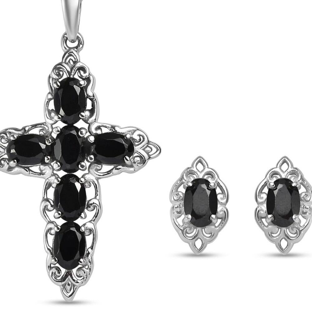 Black Spinel 4.9 ctw Earrings & Cross Necklace (20 ") Stainless Steel NWB